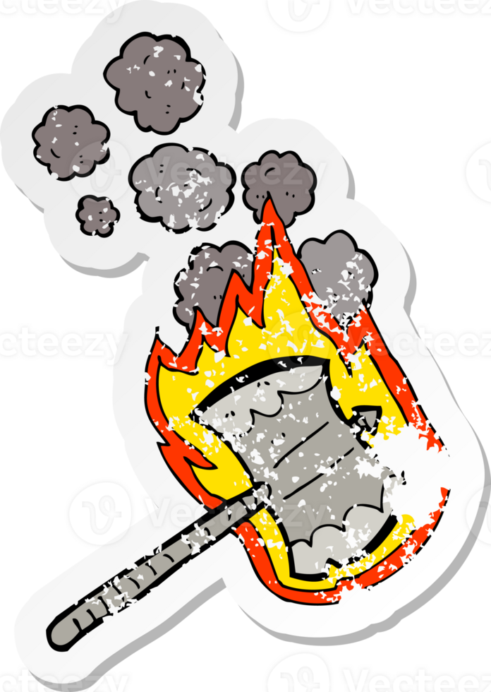 retro distressed sticker of a cartoon flaming axe png