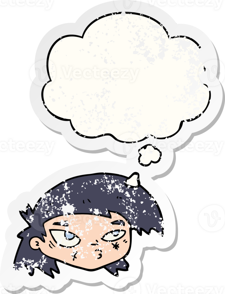 cartoon scratched up face with thought bubble as a distressed worn sticker png