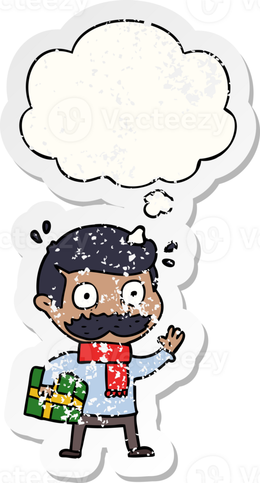 cartoon man with mustache and christmas present with thought bubble as a distressed worn sticker png