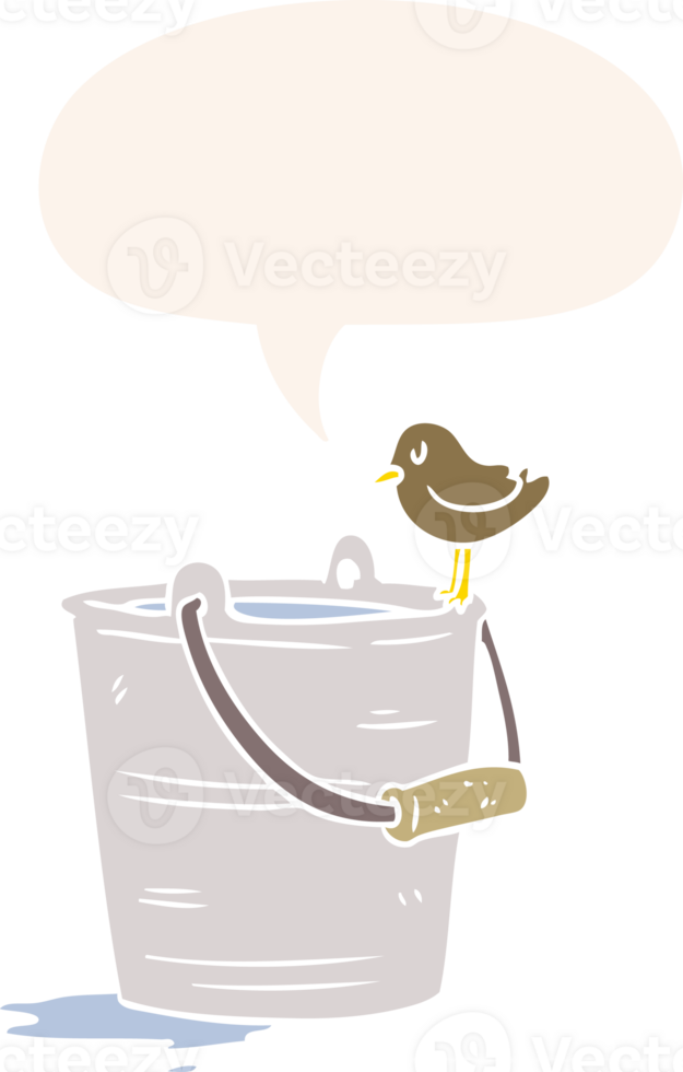 cartoon bird looking into bucket of water with speech bubble in retro style png