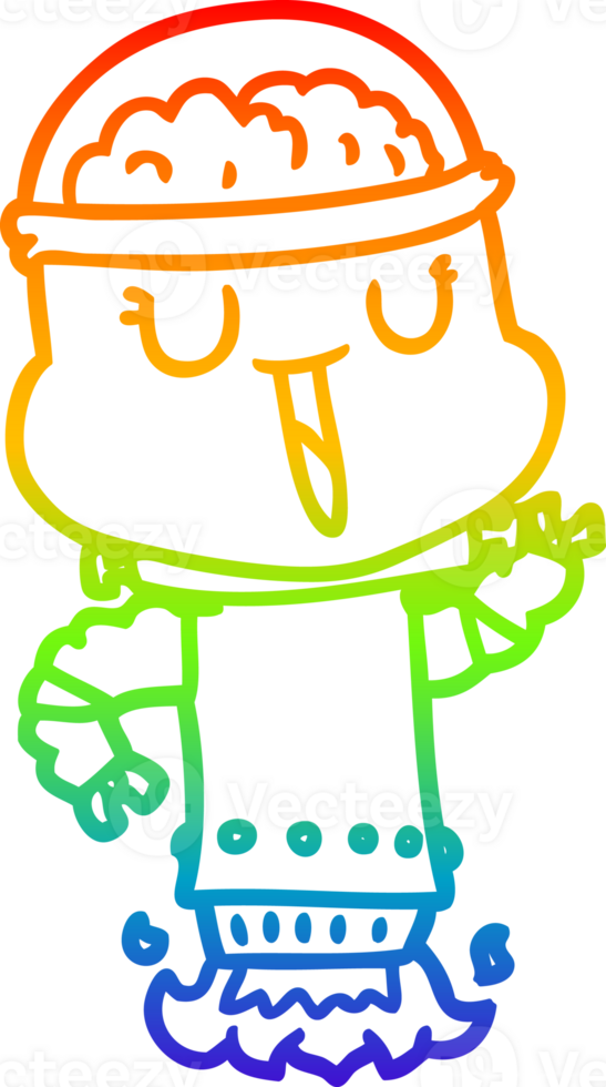 rainbow gradient line drawing of a happy cartoon robot flying png