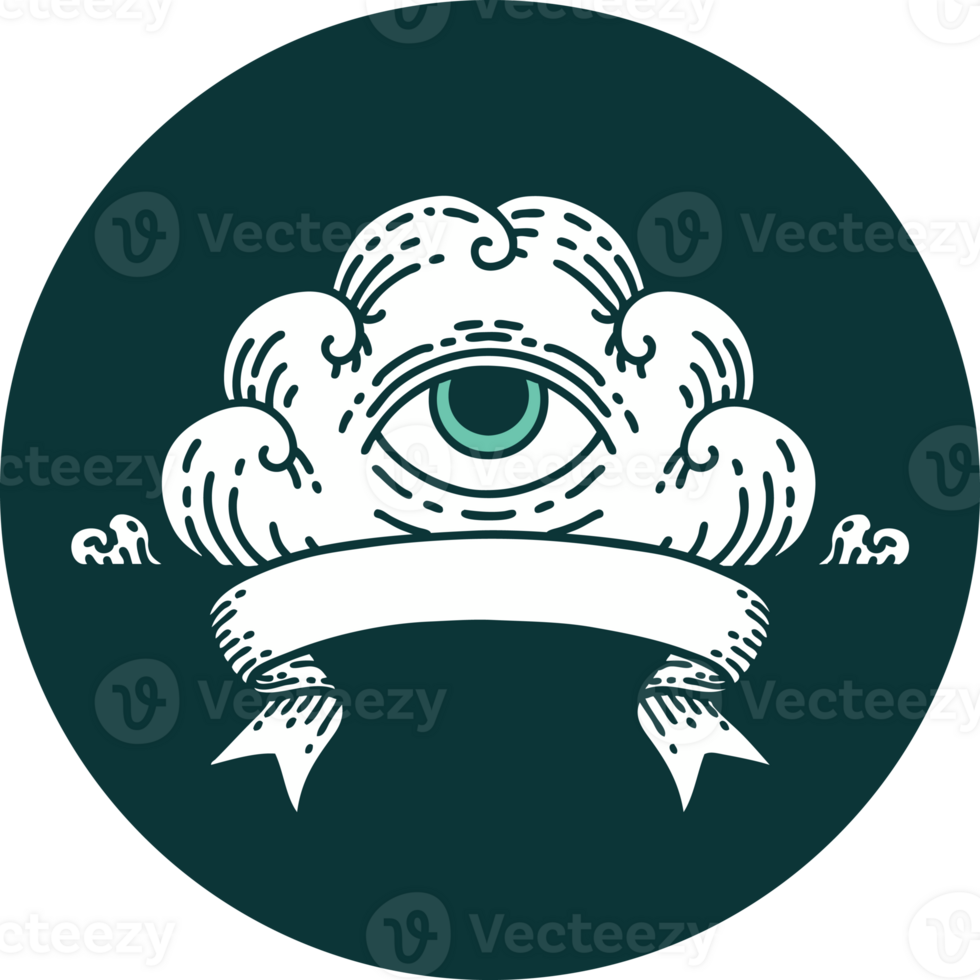 tattoo style icon with banner of an all seeing eye cloud png
