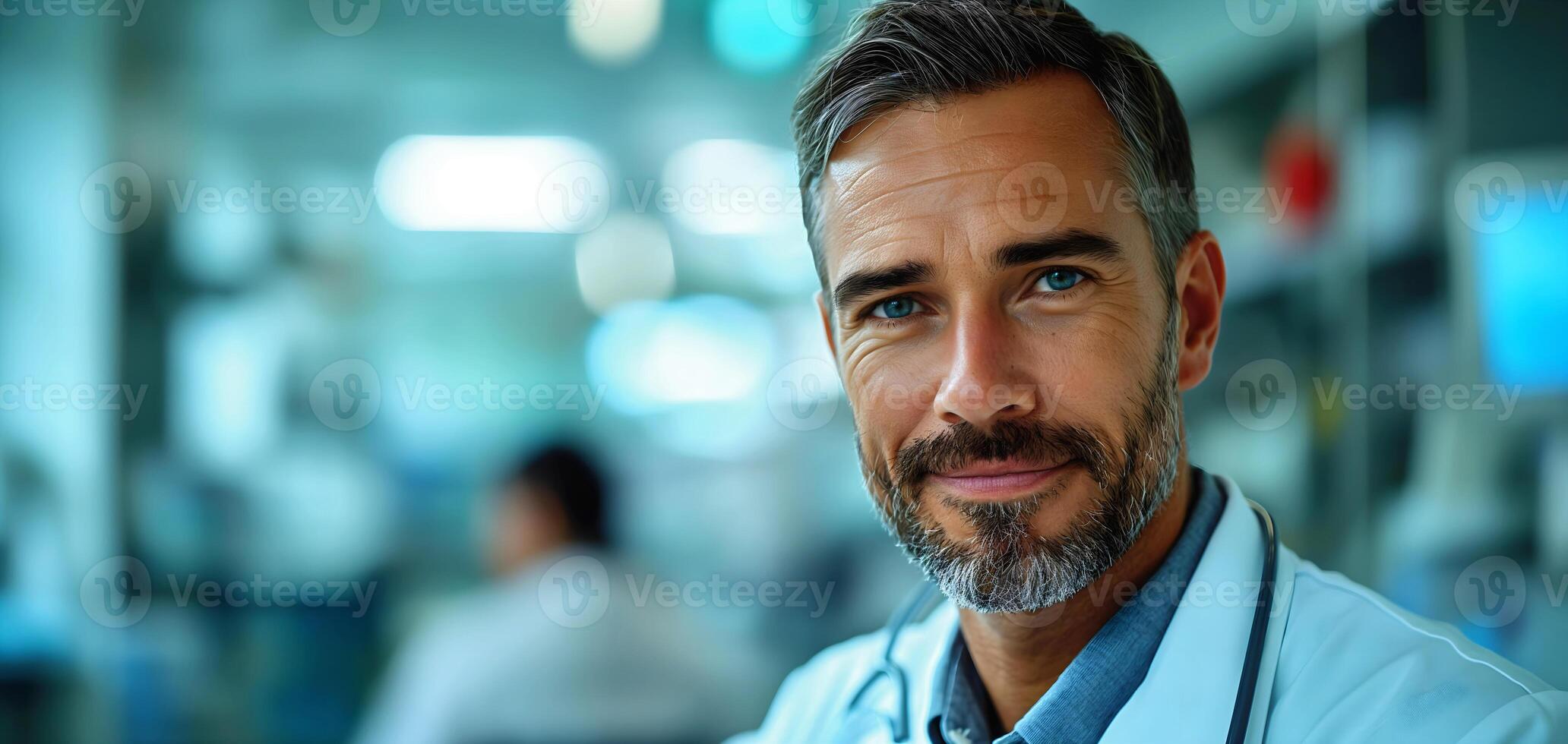 AI generated Portrait of handsome mature doctor in white coat and stethoscope smiling and talking to patient in hospital, health care and medical background photo