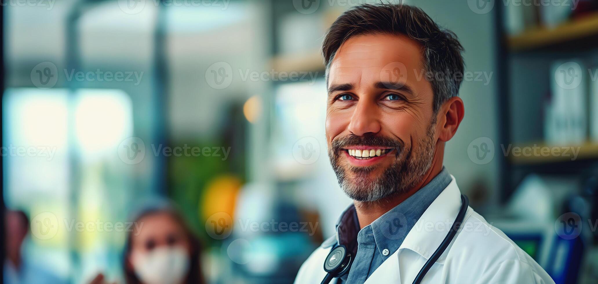 ai generado retrato de hermoso maduro médico en blanco Saco y estetoscopio sonriente y hablando a paciente en hospital, salud cuidado y médico antecedentes foto