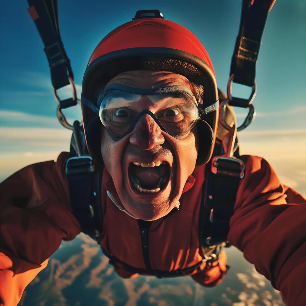 AI generated Portrait of funny elderly man skydiving, jumping out of plane, adventure adrenaline concept background, banner, template photo