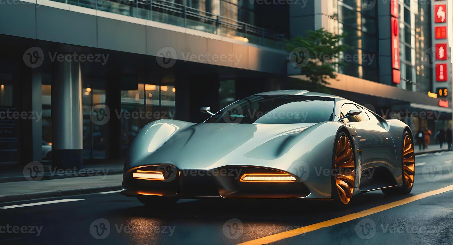 AI generated Modern futuristic sport race car in city street at night, auto background, automotive wallpaper, template with copy space area photo