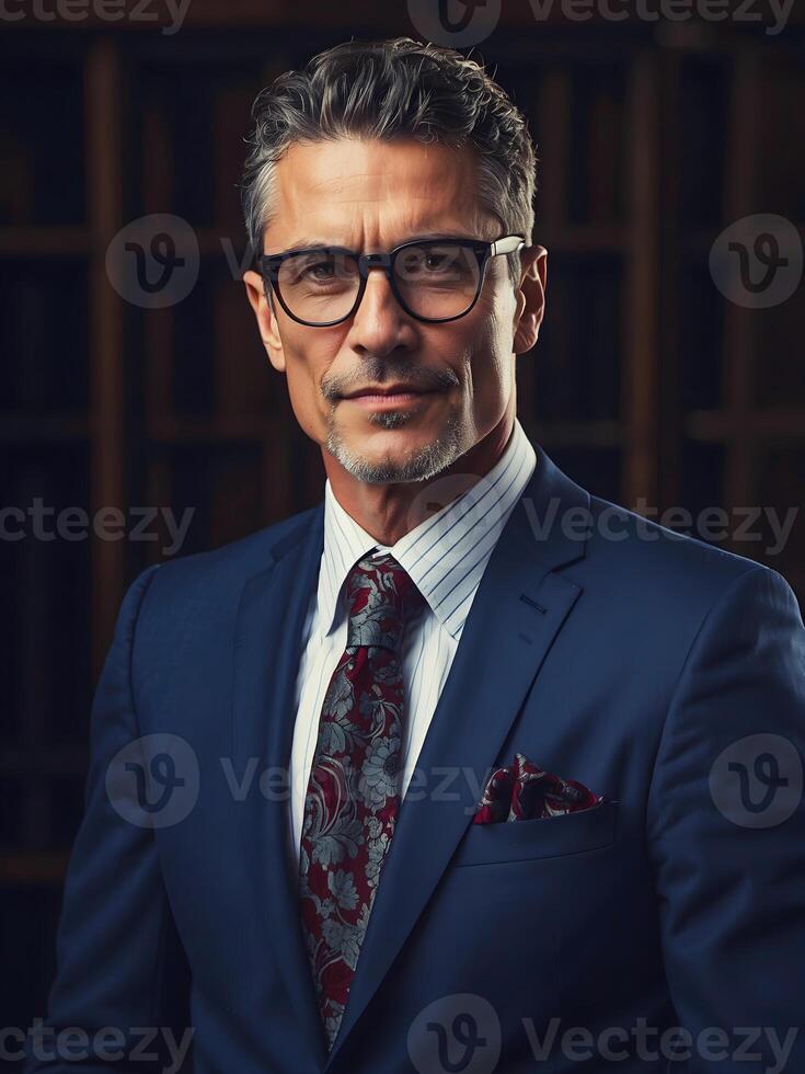AI generated portrait of handsome mature confident business man smiling in suit and glasses, CEO manager background, successful people photo