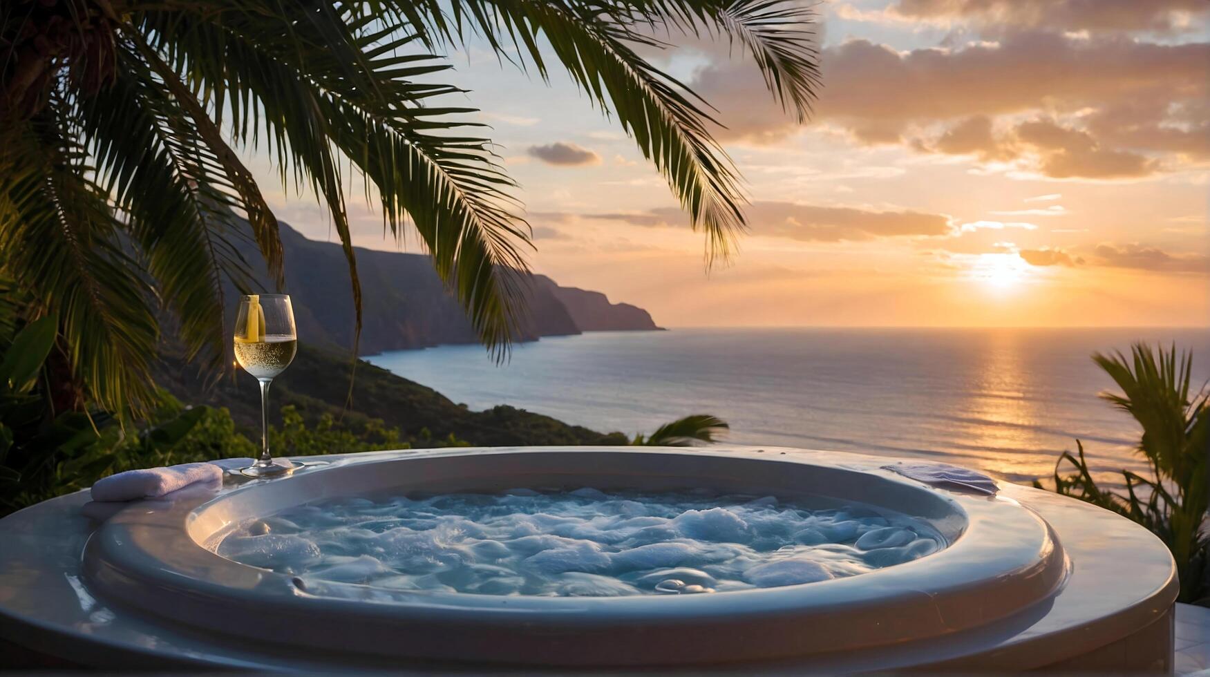 AI generated Luxury bubble bathtub and wine in glasses under palm tree with ocean view at sunset, spa and wellness concept, seascape and mountains background photo