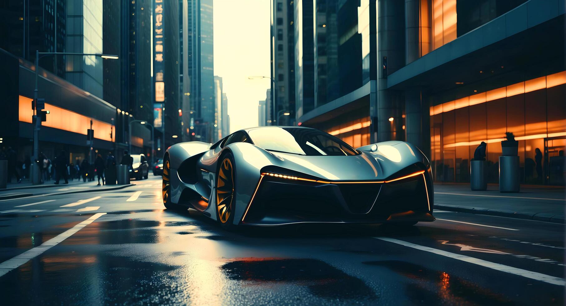 AI generated Modern futuristic sport race car in city street at night, auto background, automotive wallpaper, template with copy space area photo