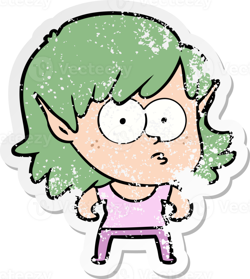 distressed sticker of a cartoon elf girl staring png