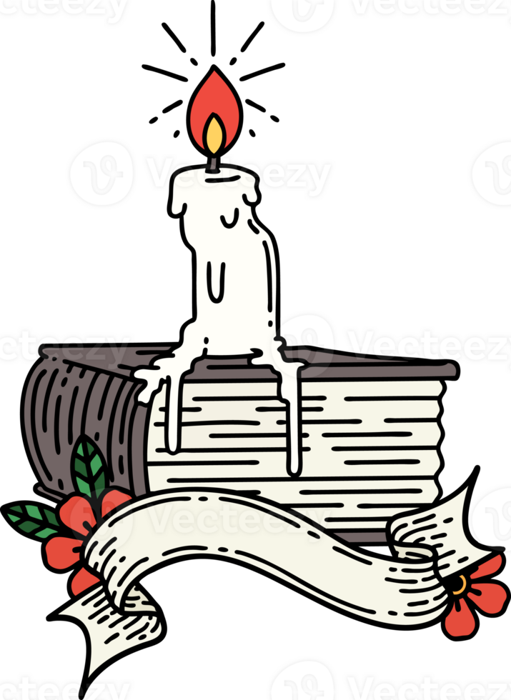 scroll banner with tattoo style candle melting on book png