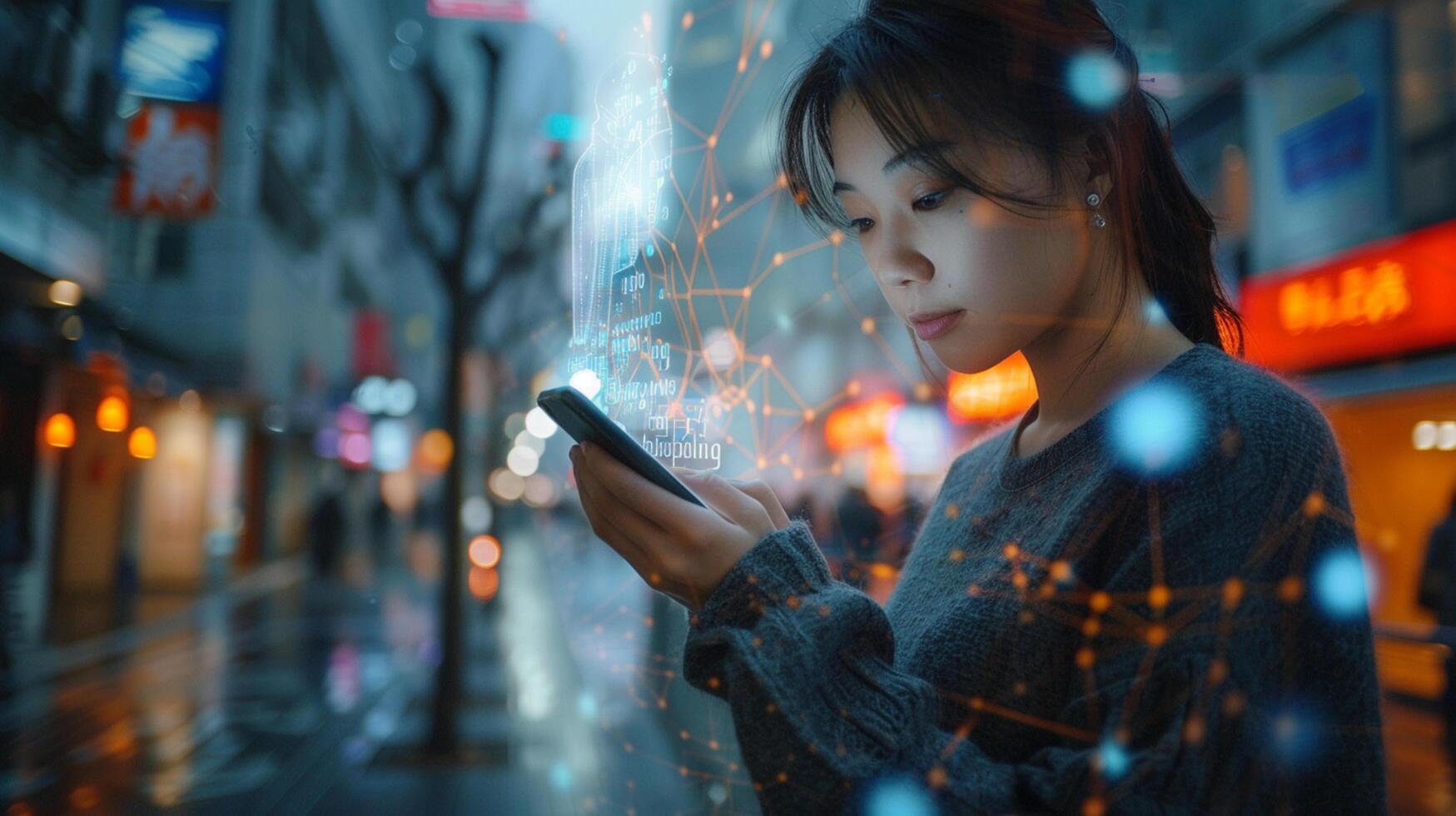 AI generated Asian woman uses artificial intelligence in her smartphone AI Generative photo