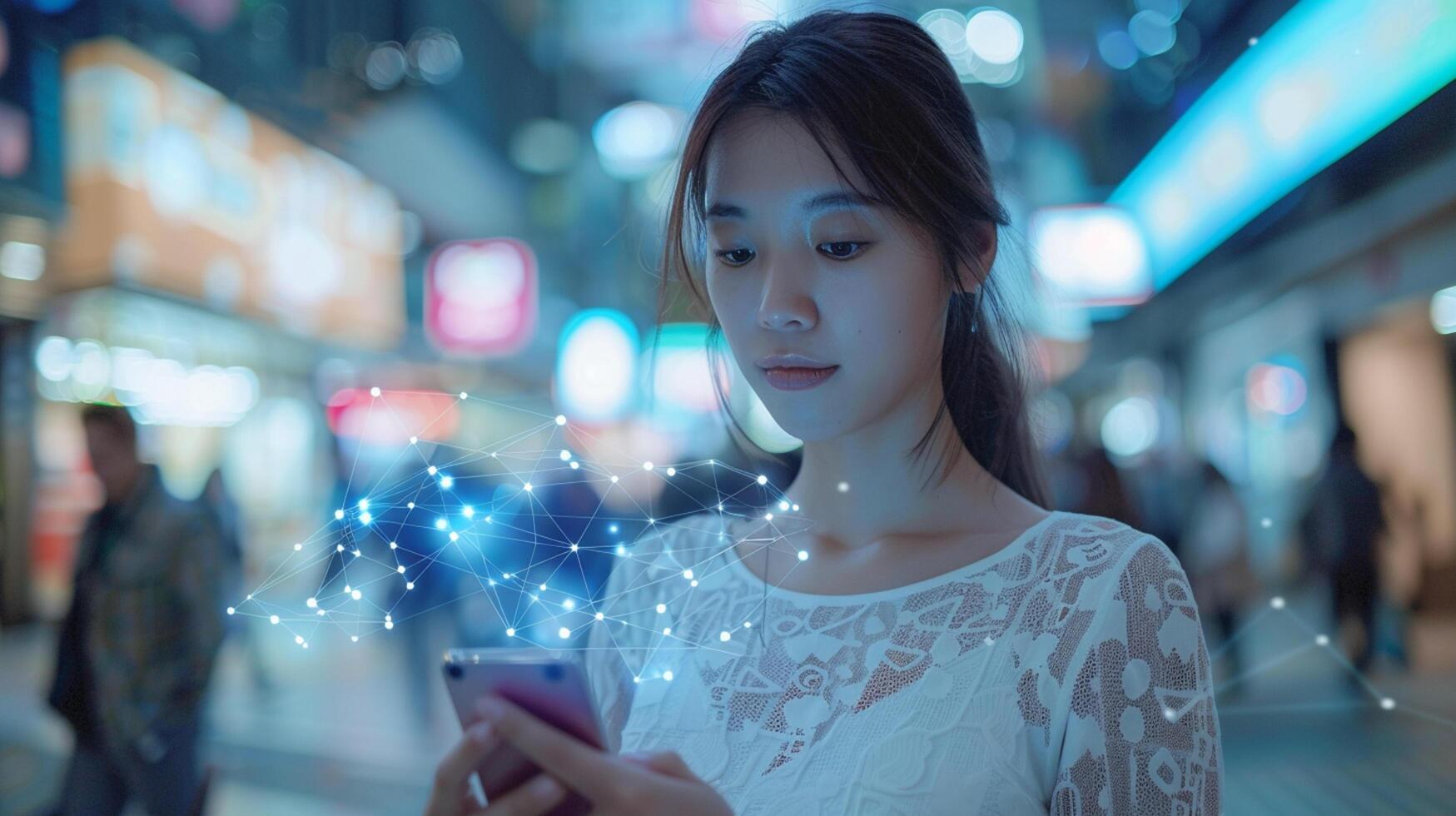 AI generated Asian woman uses artificial intelligence in her smartphone AI Generative photo