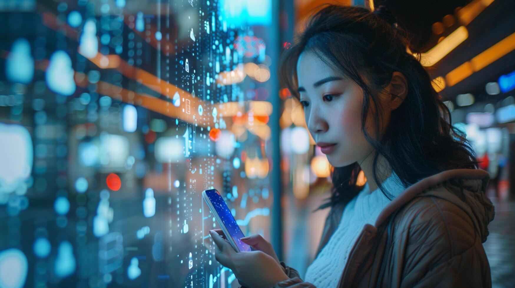 AI generated Asian woman uses artificial intelligence in her smartphone AI Generative photo