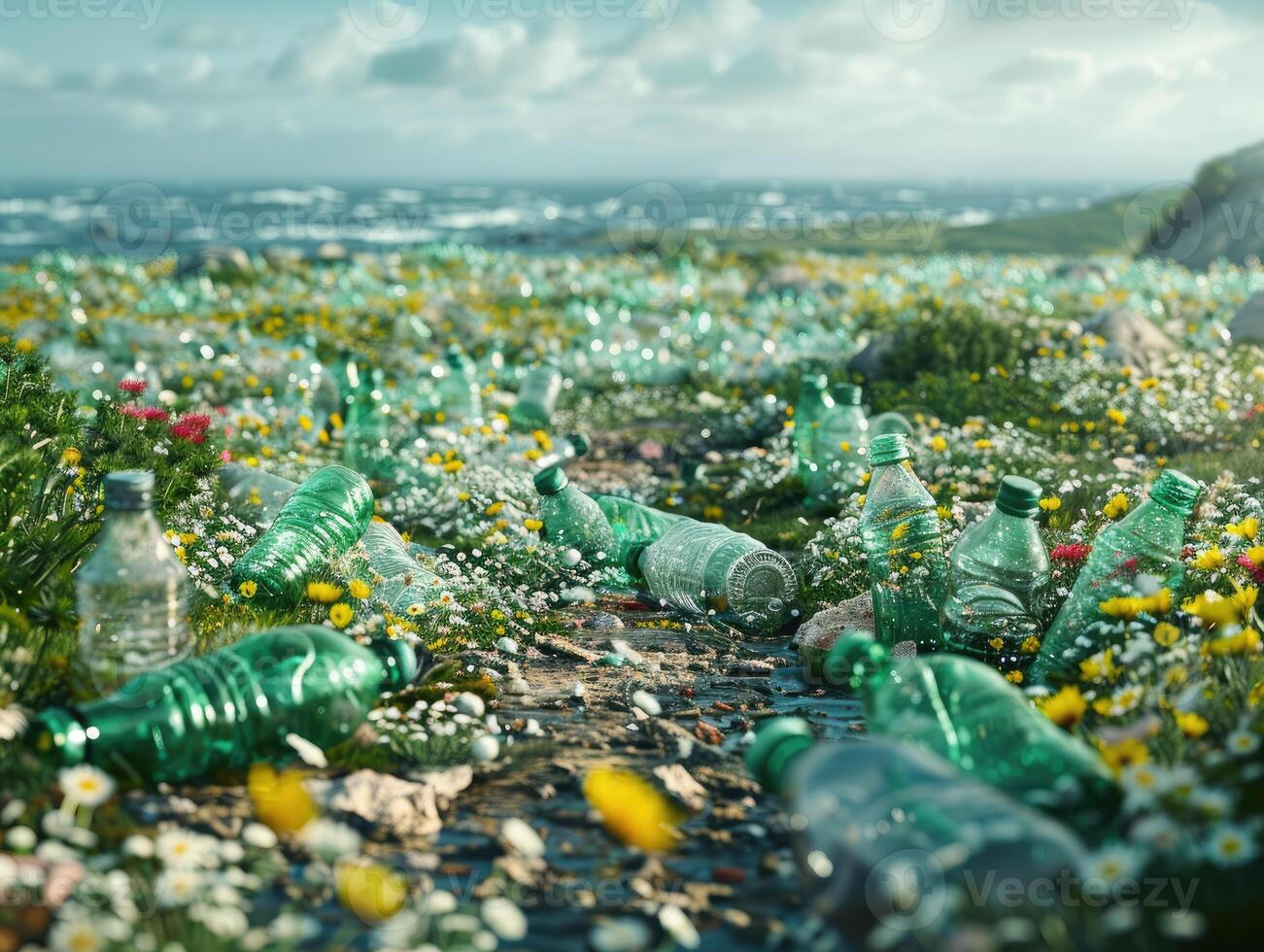 AI generated Environment pile plastic bottle reuse junk pollution garbage rubbish ecology waste recycle trash photo