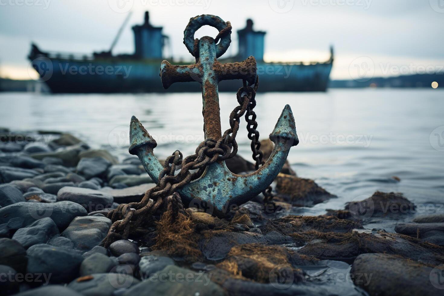 AI generated An old rusty anchor lies on the pebble shore. Generated by artificial intelligence photo