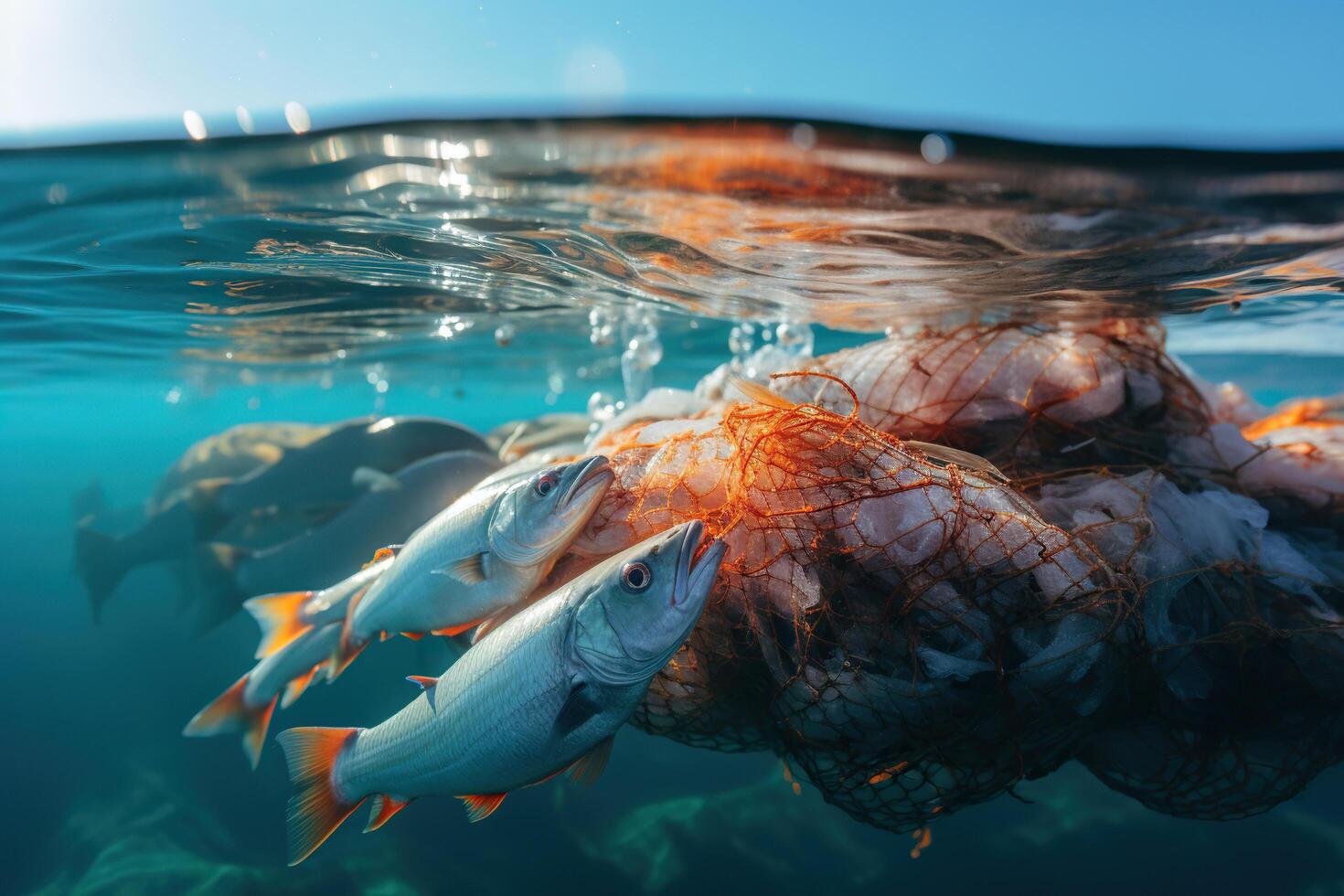 AI generated Red net full of fish in the water. Photo underwater. Generated by artificial intelligence