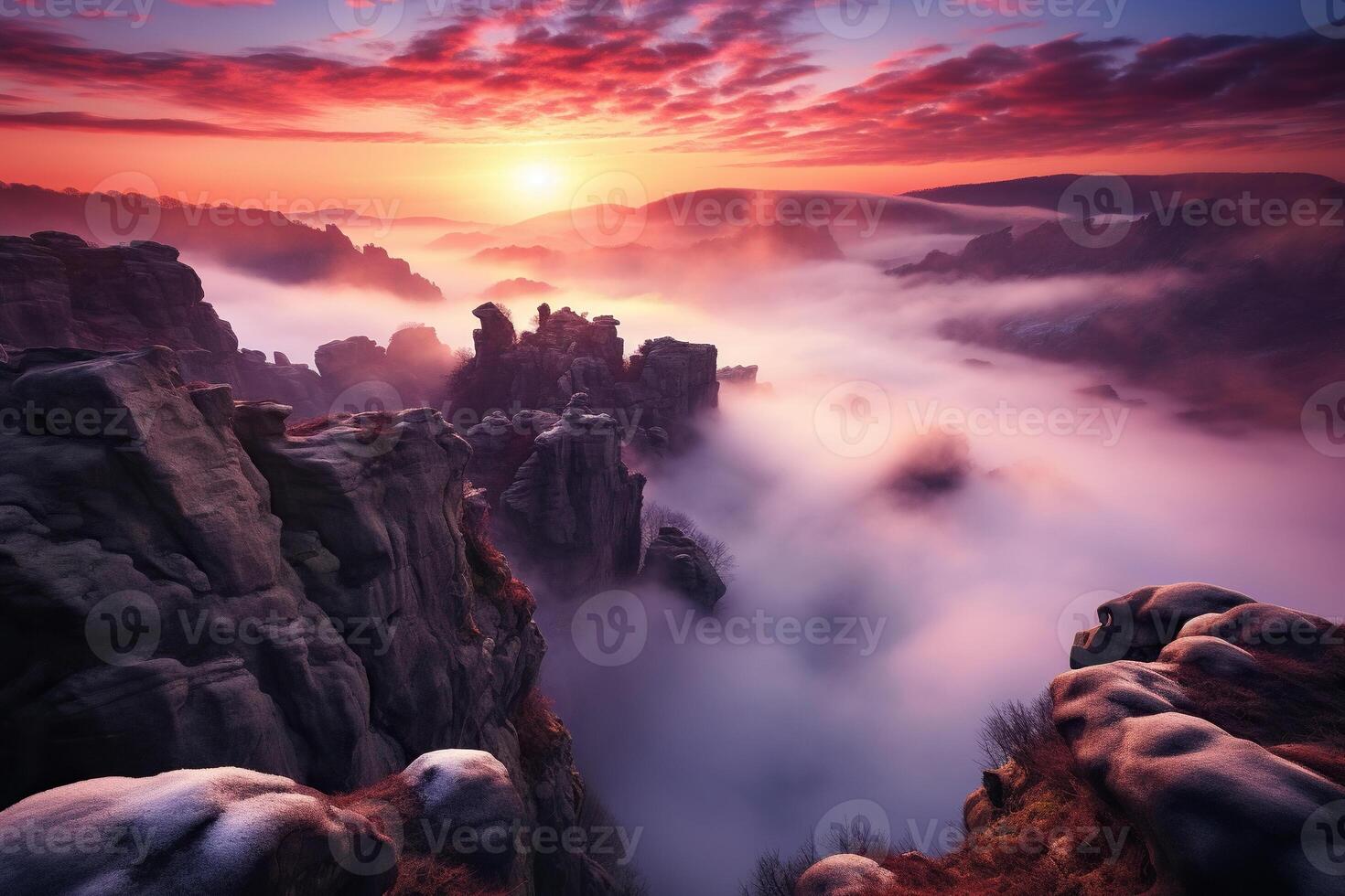 ai generado rosado puesta de sol cielo entre montañas y rocas generado por artificial inteligencia foto