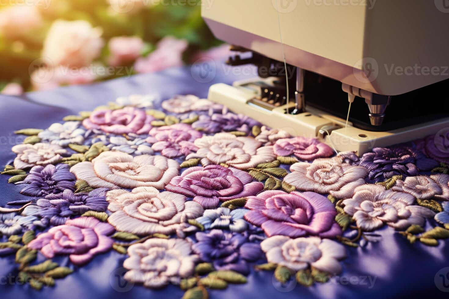 AI generated A sewing machine embroiders a floral pattern on fabric. Generated by artificial intelligence photo