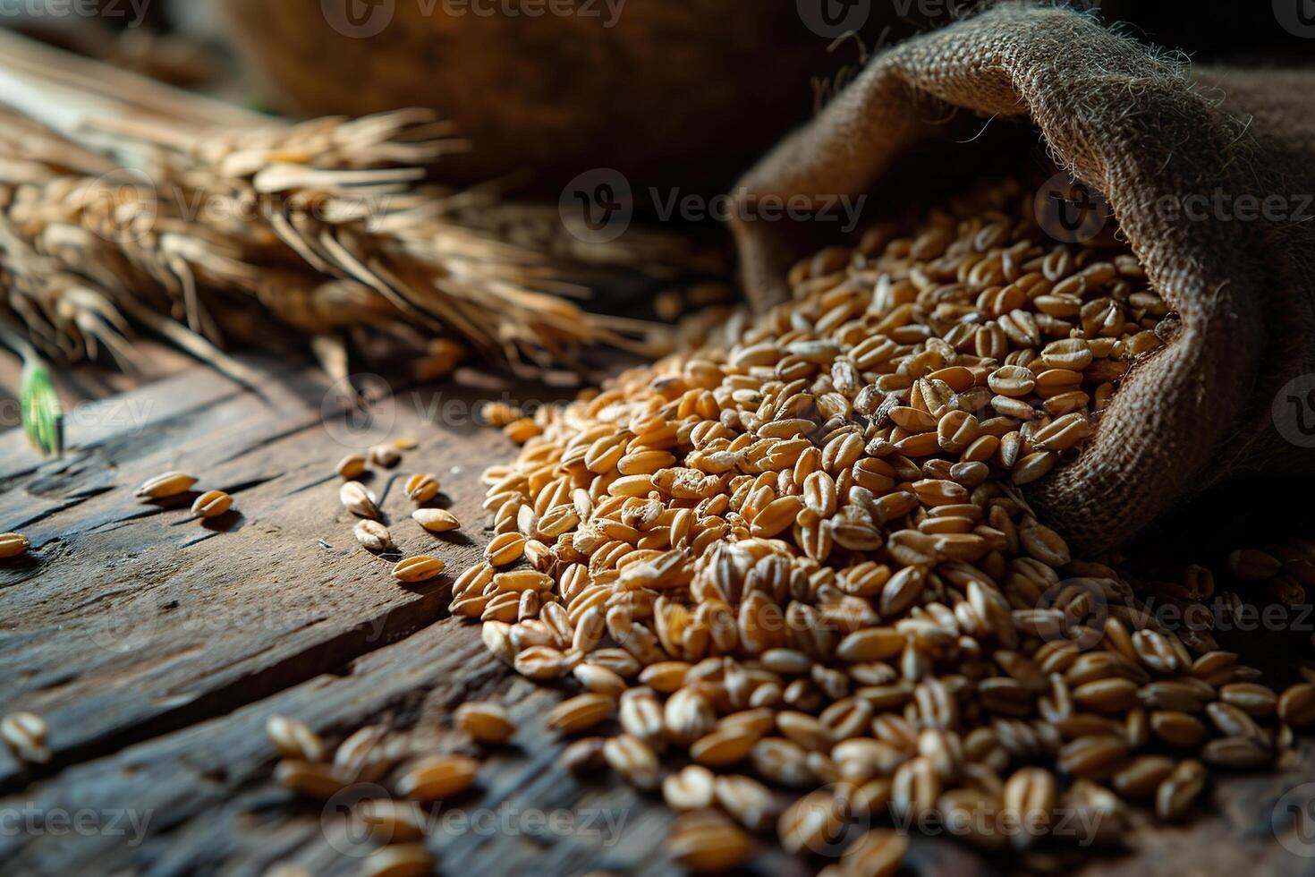 AI generated A pile of grain with ears on a wooden surface, top view. Generated by artificial intelligence photo