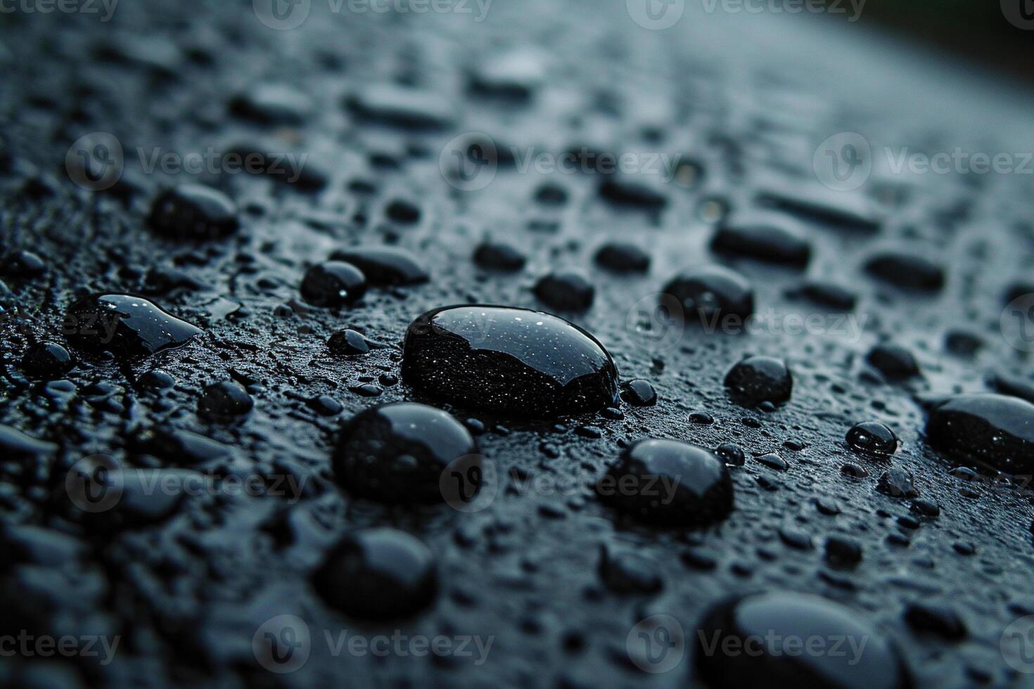 AI generated Close-up of water drops on a black surface with blur. Horizontal abstract background. Generated by artificial intelligence photo