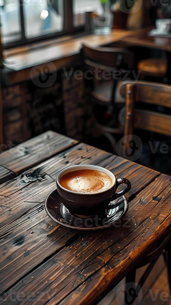 AI generated Black cup filled with coffee on a wooden table inside a cafe with a blurry background photo