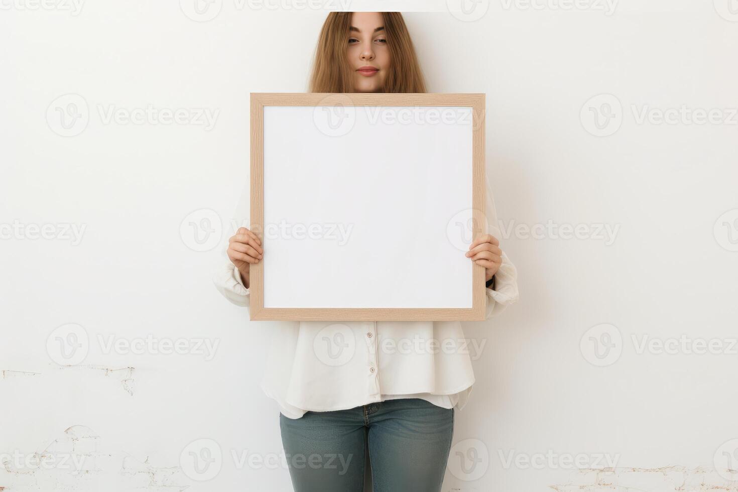 AI generated mockup women holding blank frame photo