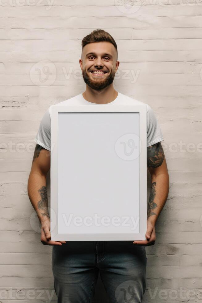 AI generated mockup women holding blank frame photo