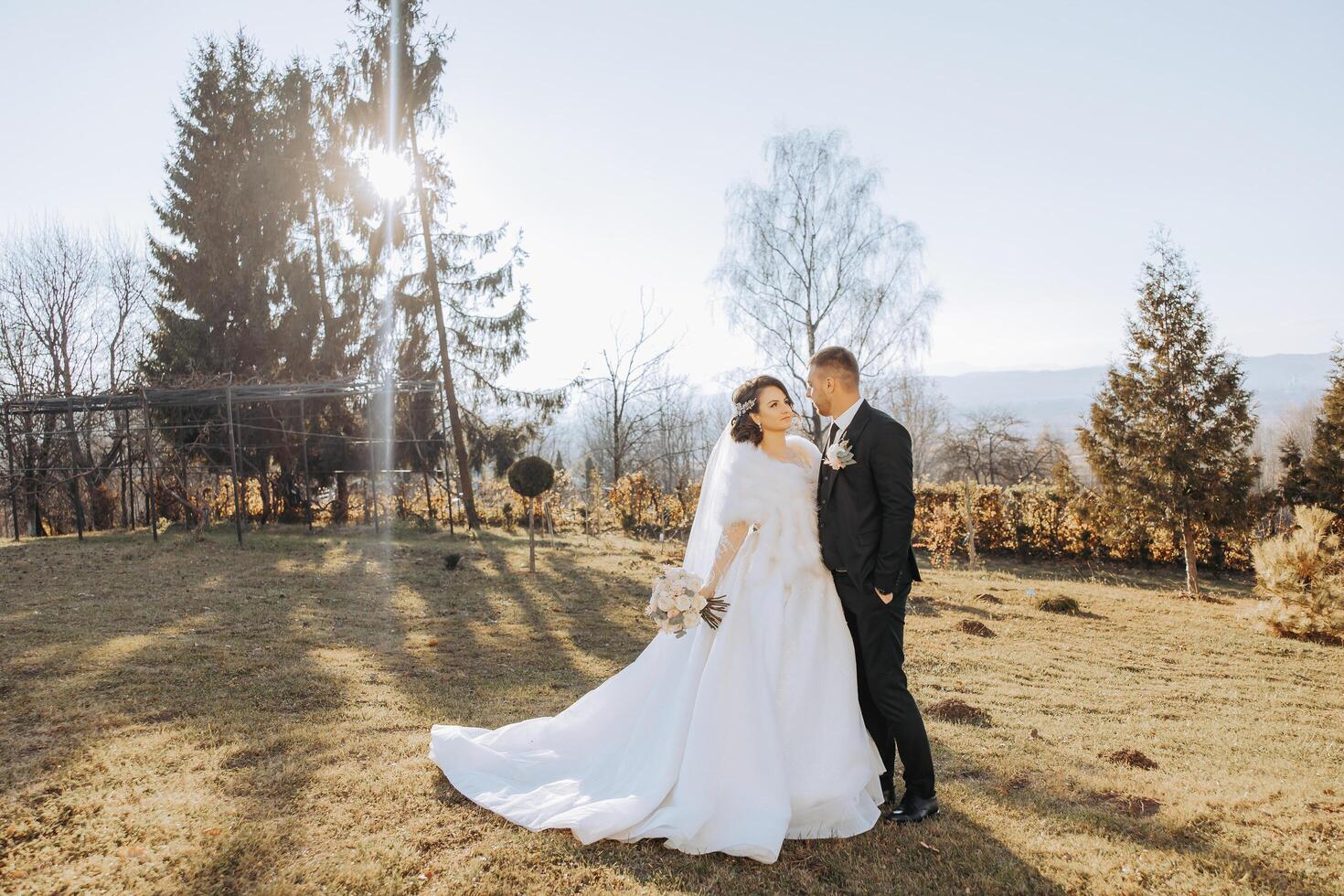 Boda Pareja en un caminar en el otoño parque. el novia en un hermosa blanco vestido. amor y relación concepto. novio y novia en naturaleza al aire libre foto