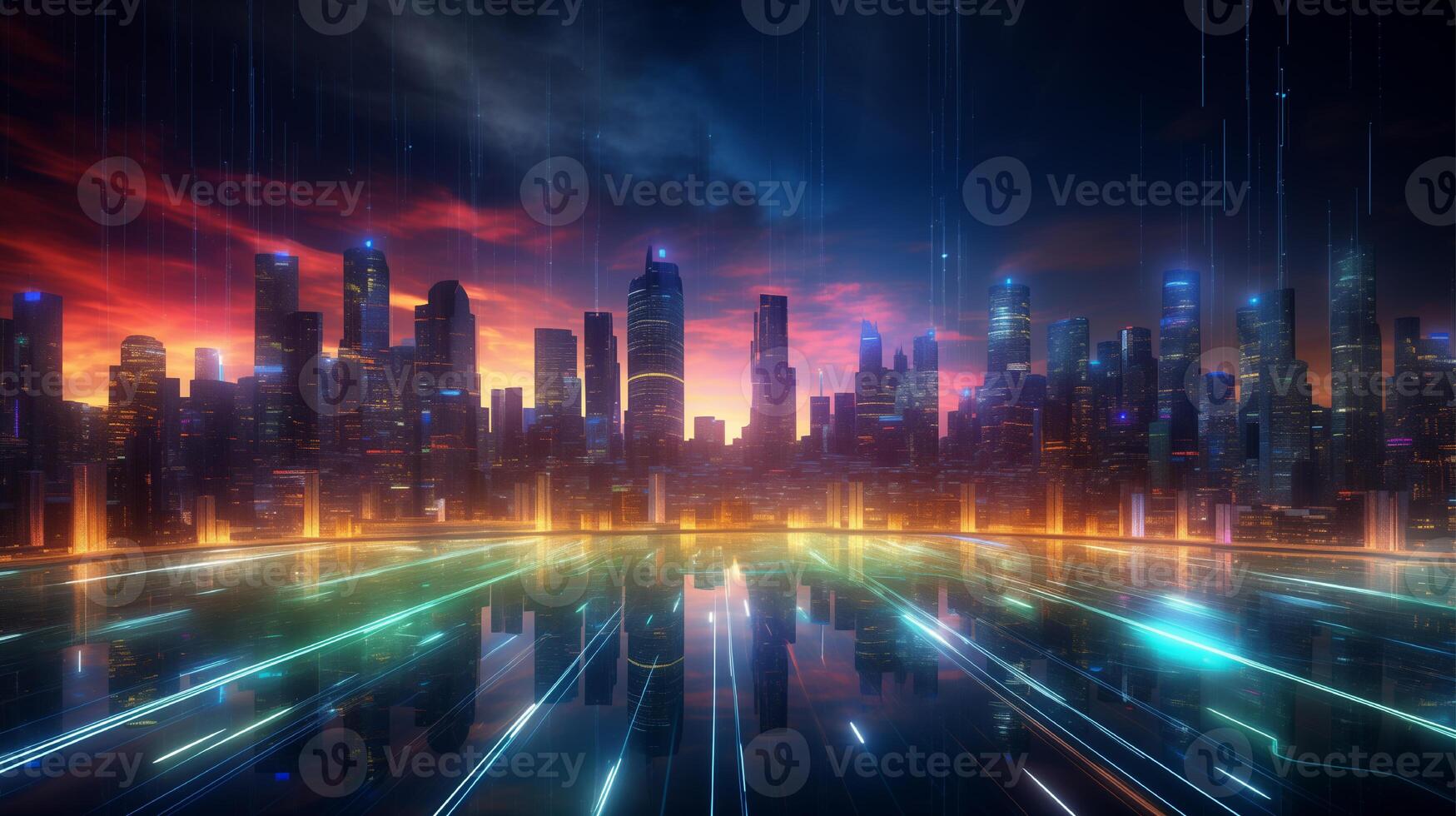 AI generated realistic futuristic cityscape with lights and traffic. AI generated image Pro Photo