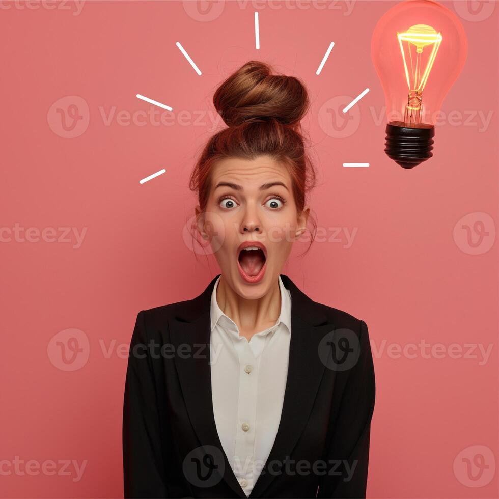 AI generated a woman in a suit and tie is looking at an idea bulb. AI generated. photo