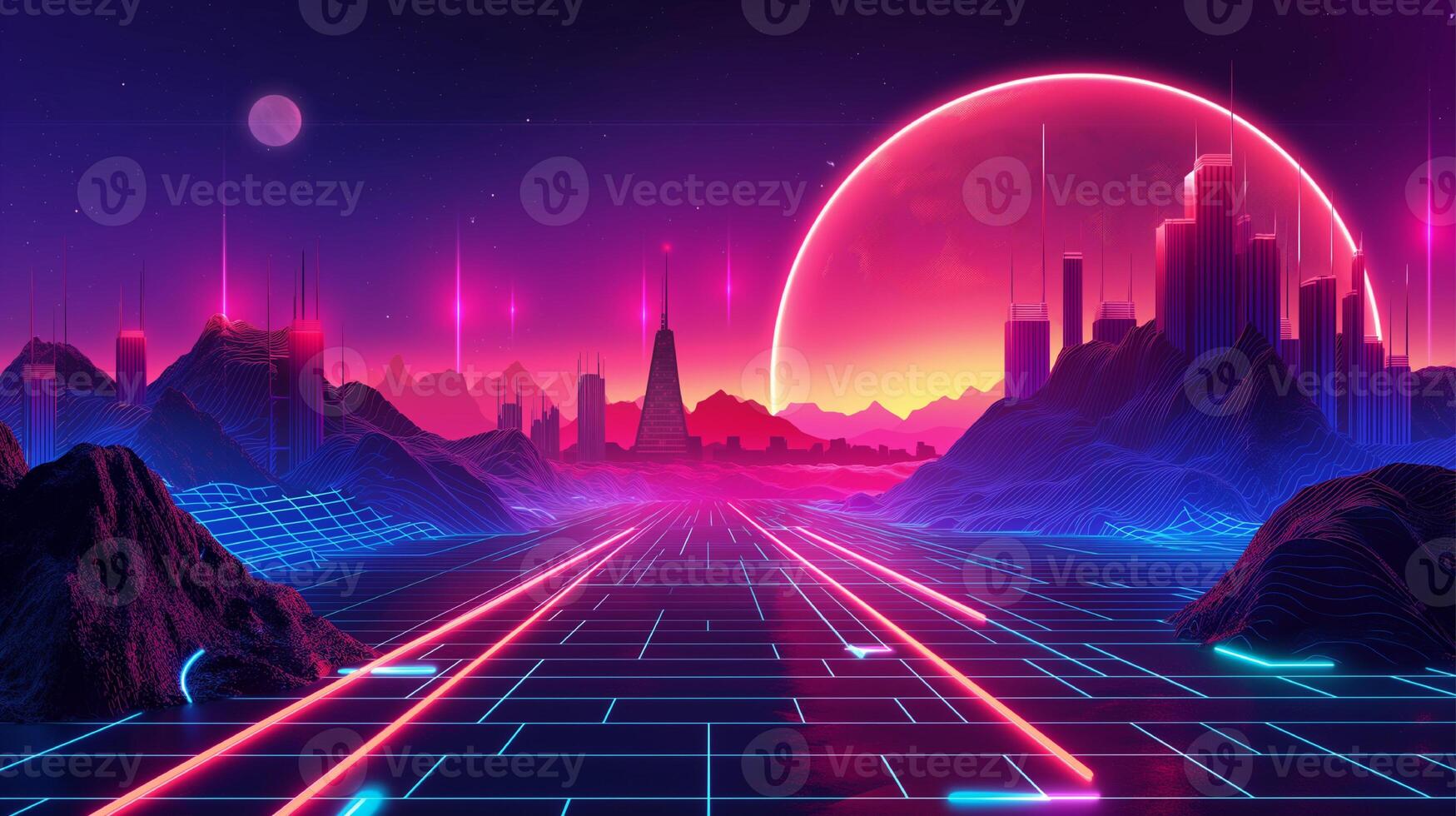AI generated an image of a futuristic city with neon lights. ai generated image. Pro Photo
