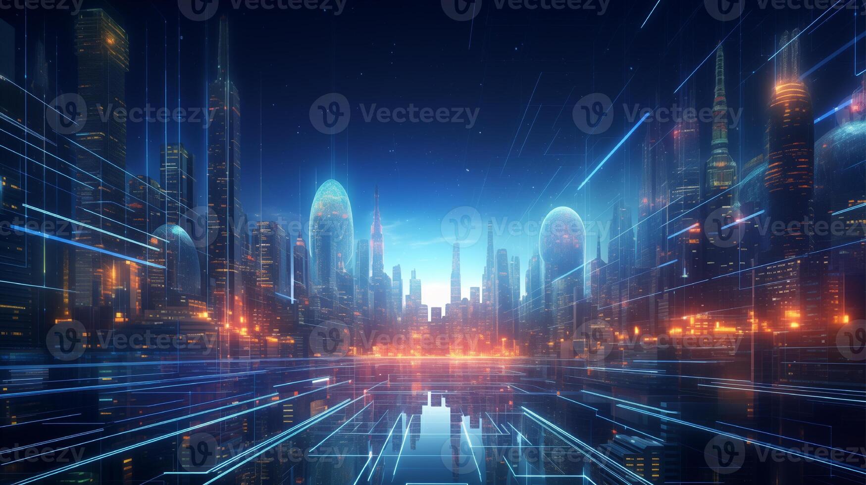 AI generated futuristic cityscape with lights and buildings. AI generated image Pro Photo