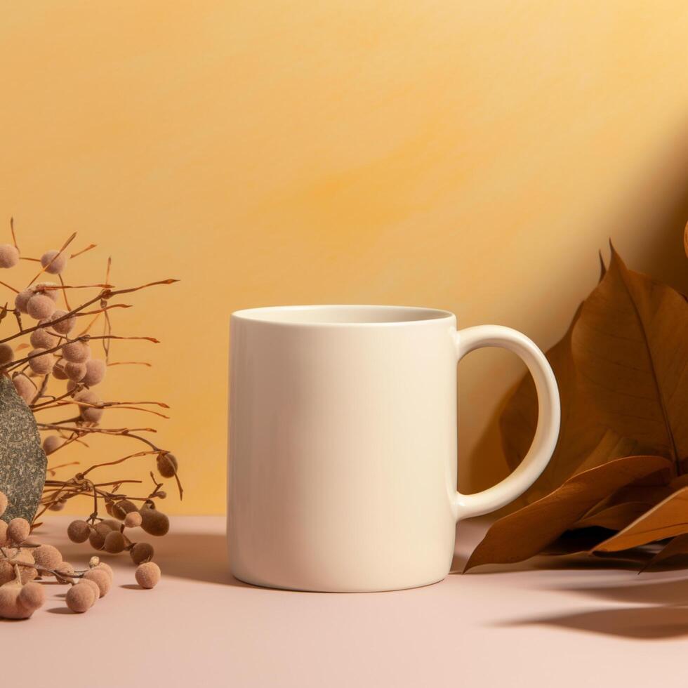 AI generated female hands are holding a mockup of a white empty mug or cup of coffee tea photo