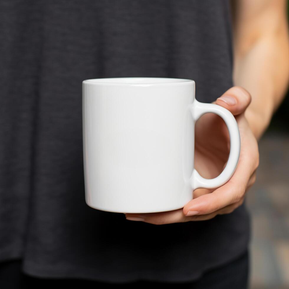 AI generated female hands are holding a mockup of a white empty mug or cup of coffee tea photo