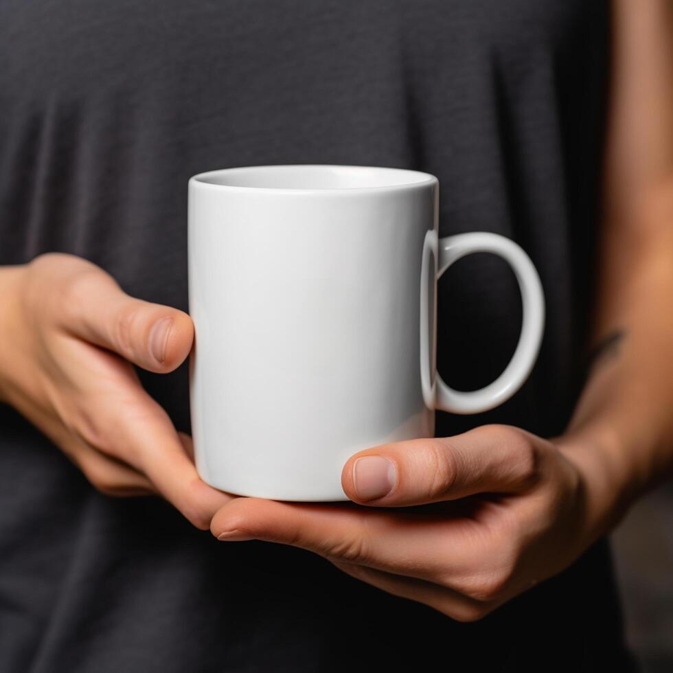 AI generated female hands are holding a mockup of a white empty mug or cup of coffee tea photo