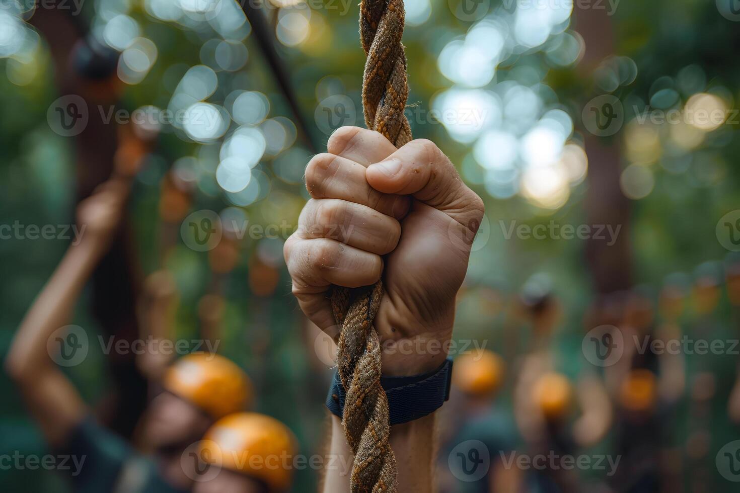 AI generated Close Up of Hand Holding Tight Rope, Teamwork Training Concept Background photo