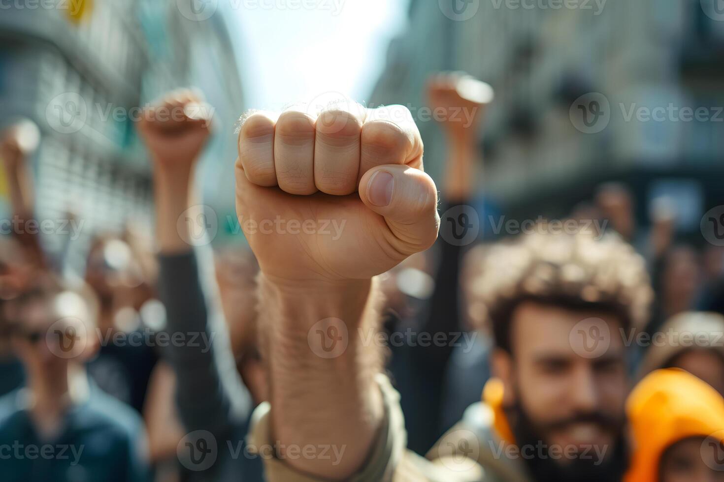 AI generated Closeup Hands Clenched Upwards at Protest, Fighting for Justice photo