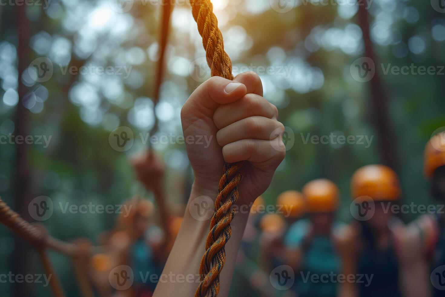 AI generated Close Up of Tight Rope Holding Hands, Outbound Team Building Exercise Concept photo