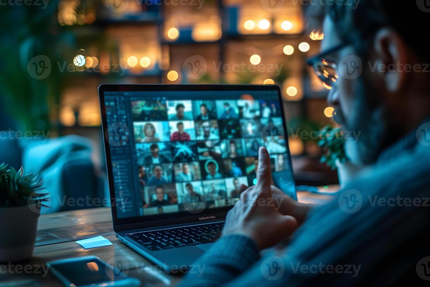 AI generated Man having Online Meeting on Laptop with blurry background photo