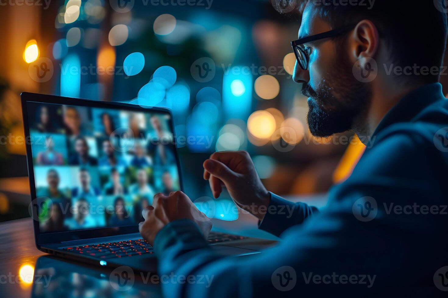 AI generated Man Participating in Virtual Meeting Teleconference with Blurred Scene photo