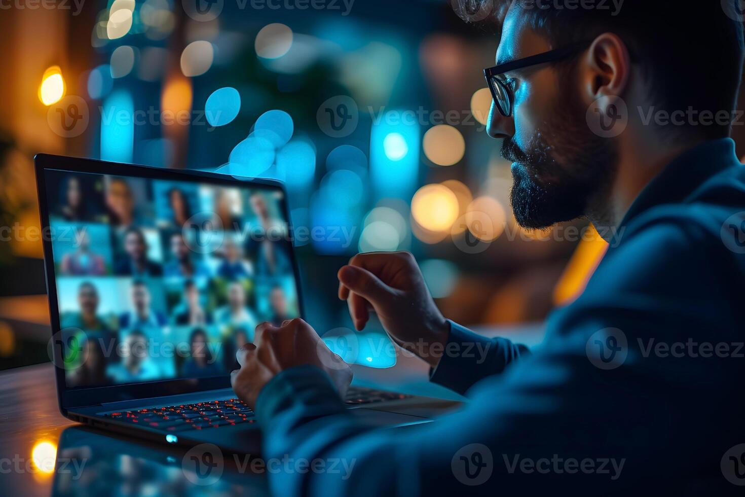 ai generado hombre participativo en virtual reunión teleconferencia con borroso escena foto