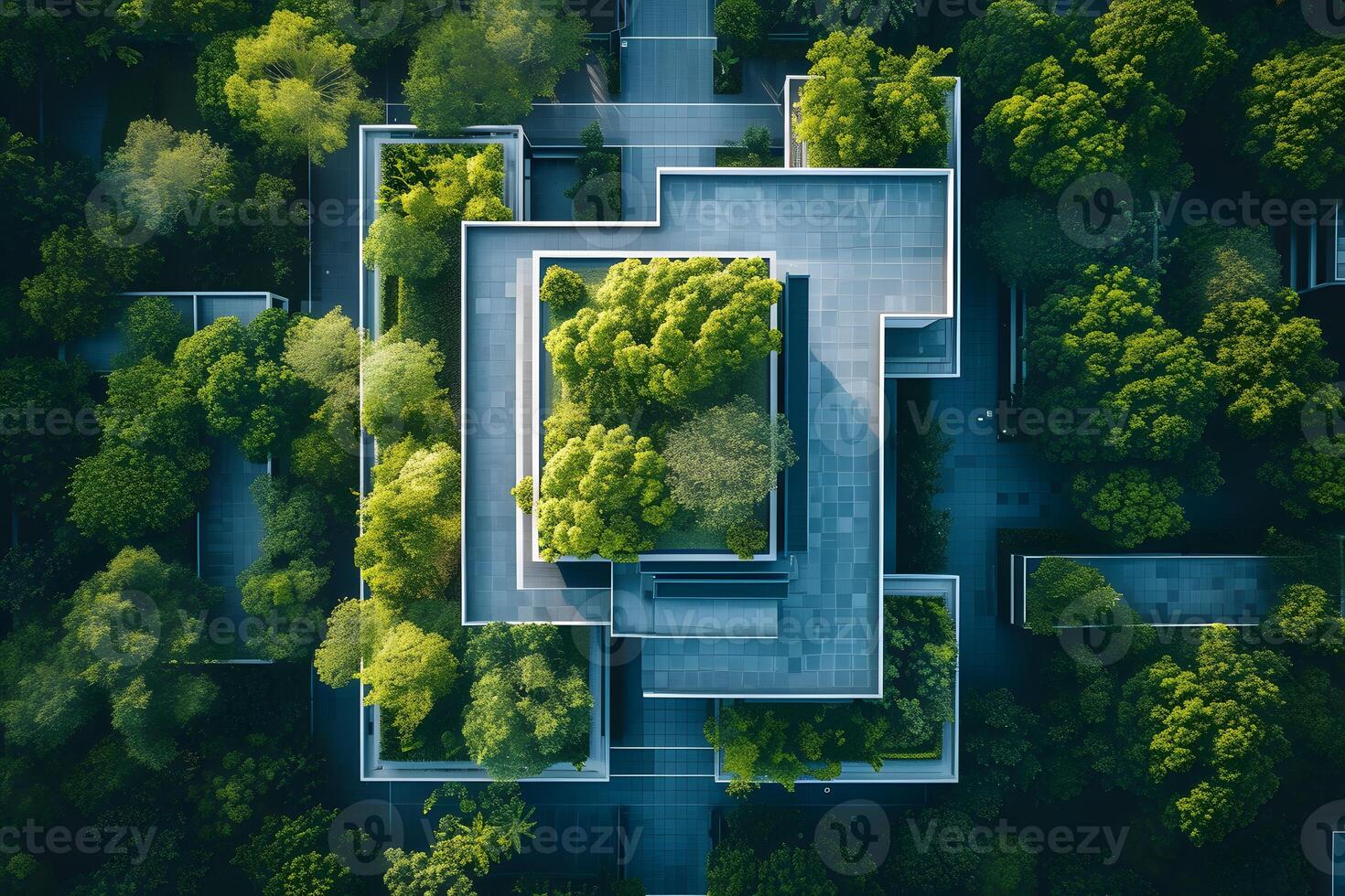 ai generado aéreo ver de eco simpático edificio con verde techo foto