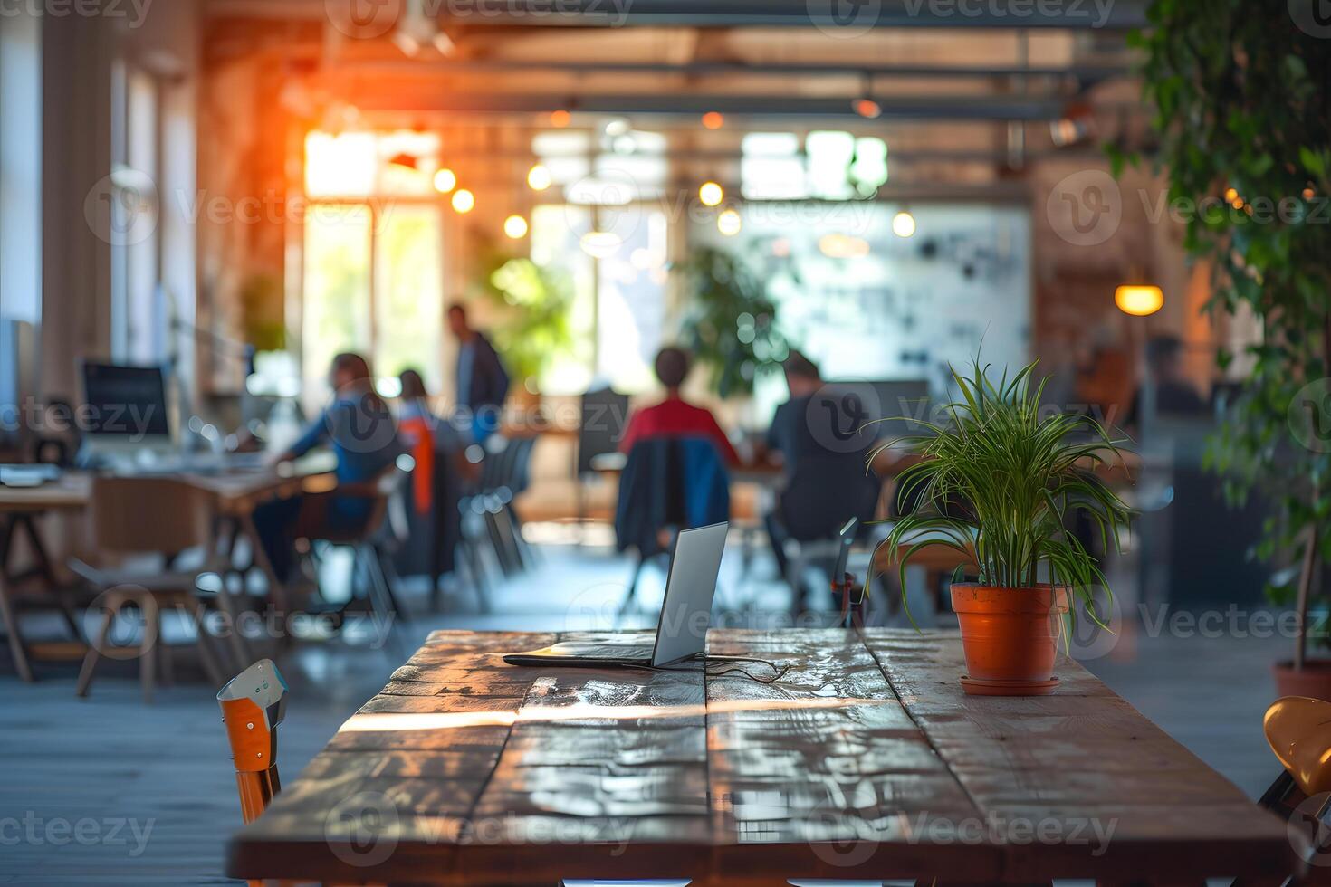 AI generated Bustling Startup Incubator Office with Blurred Background of Workers photo