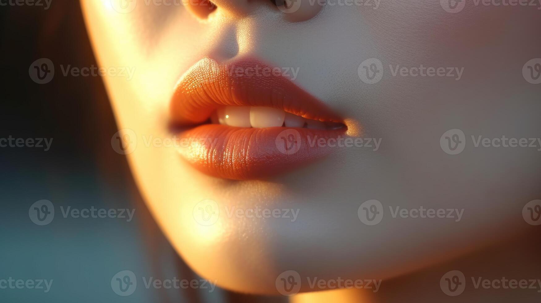 ai generado cerca arriba retrato de un mujer rojo labios piel cuidado, ai foto