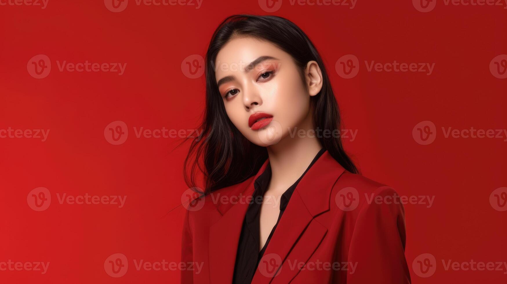 AI generated asian woman in business suit with red background, ai photo