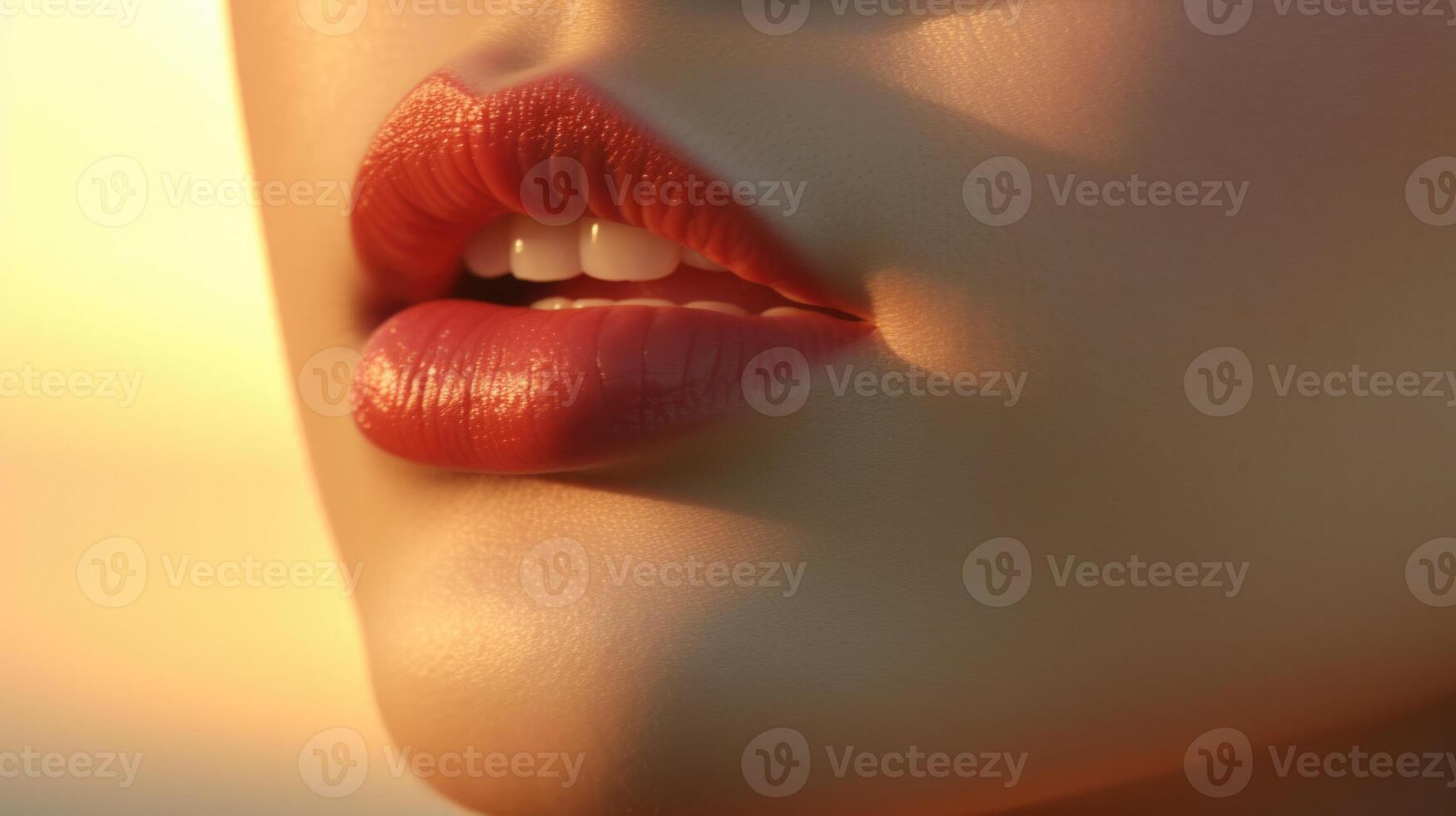 ai generado cerca arriba retrato de un mujer rojo labios piel cuidado, ai foto