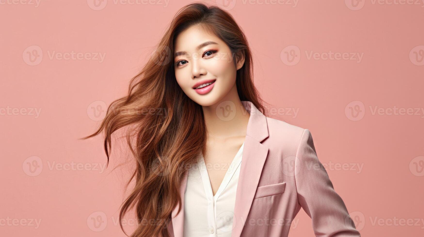AI generated asian woman in business suit with pink background, ai photo