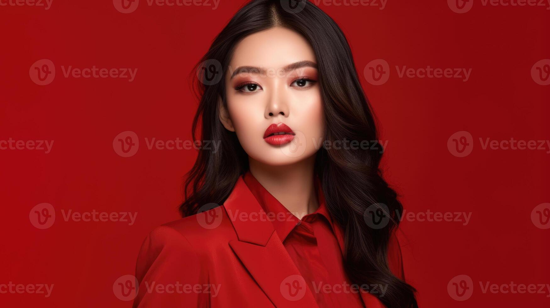 AI generated asian woman in business suit with red background, ai photo