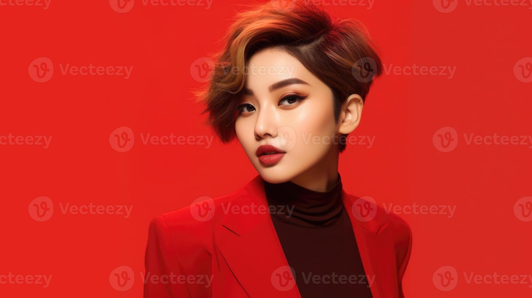 AI generated asian woman in business suit with red background, ai photo